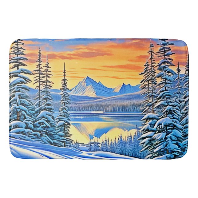 Snowy Mountain Sunset Glow Badematte (Vorderseite)