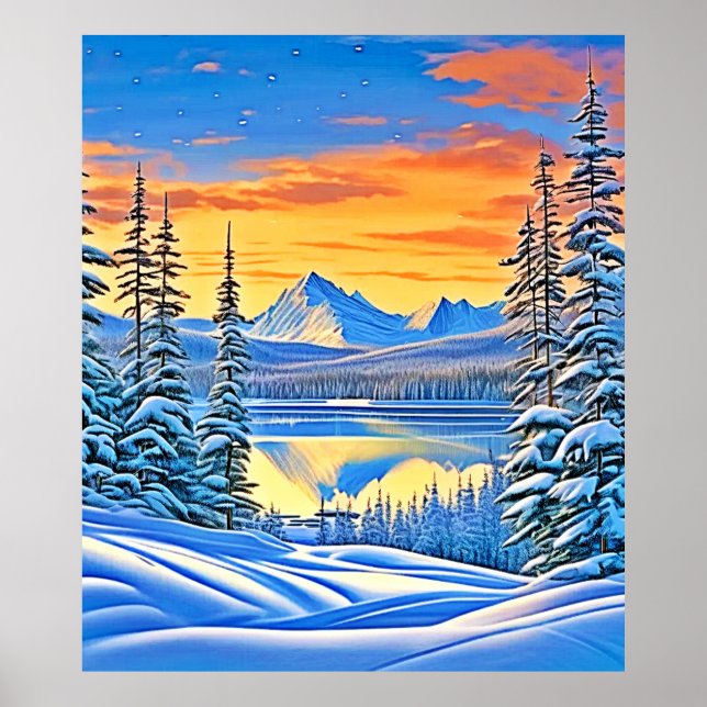 Snowy Mountain Sunset Glow Poster (Vorne)