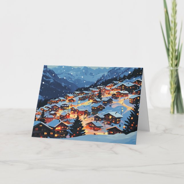 Snowy Mountain Village zu Weihnachten Karte (Vorderseite)
