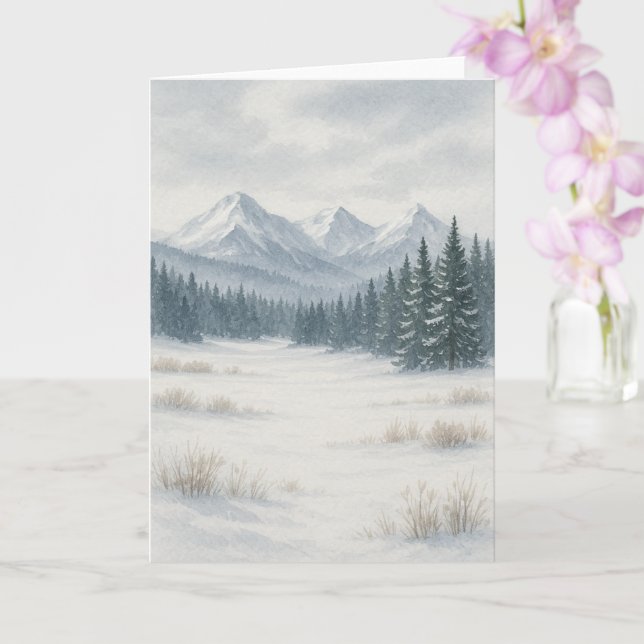 Snowy Mountain Winter Aquarell Grußkarte Karte (Orchidee)