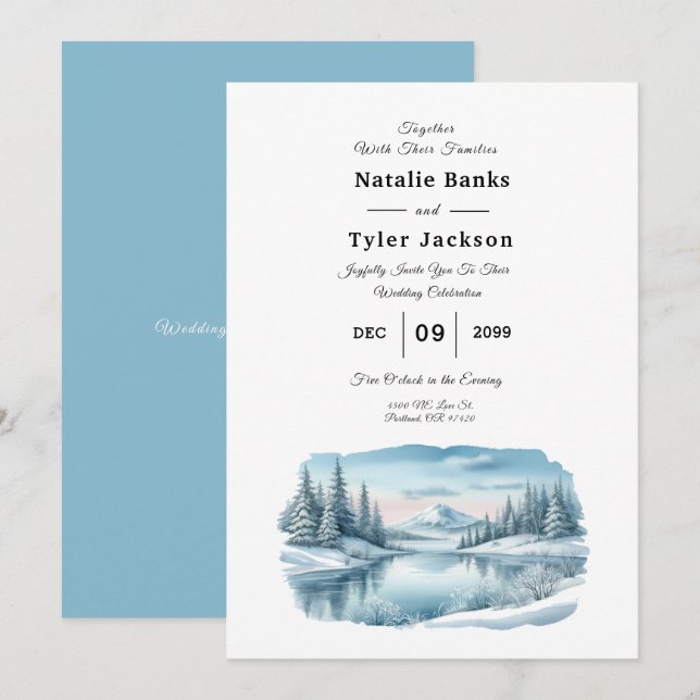 Snowy Mountain Winter Lake Wedding Einladung (Vorne/Hinten)
