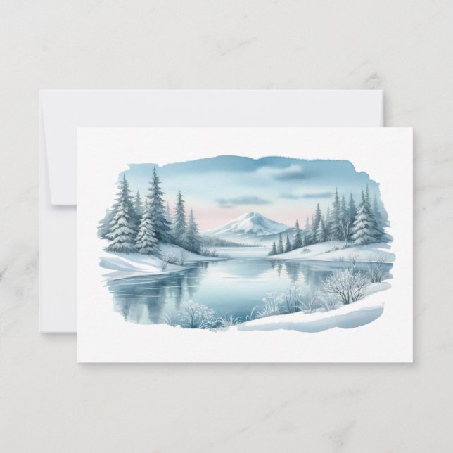 Snowy Mountain Winter Lake Wedding RSVP Karte (Rückseite)