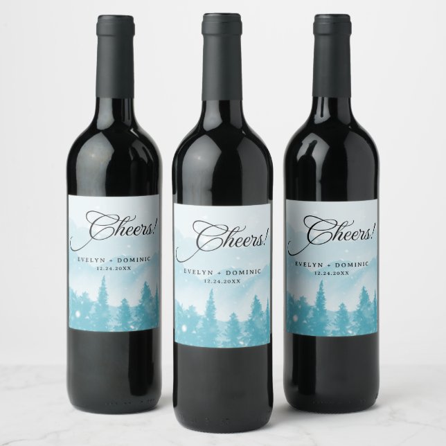Snowy Mountains Winter Wedding Cheers Weinetikett (Flaschen)