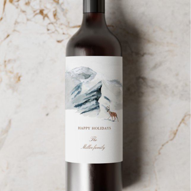 Snowy Mountains Woodland Elegante Urlaub Weinetikett (Von Creator hochgeladen)