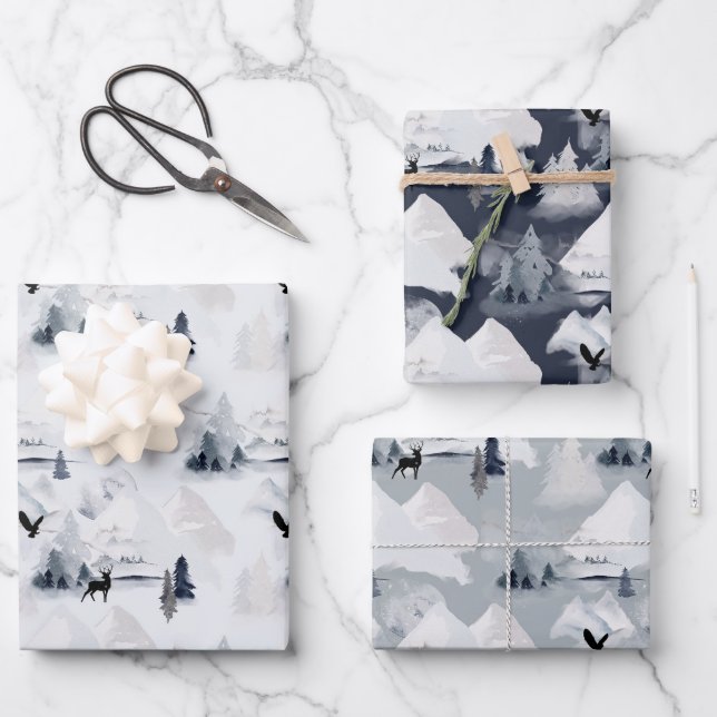 Snowy Moutains & Forest Wildlife Chritmas Geschenkpapier Set (Vorderseite)
