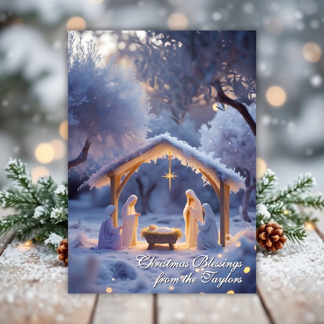 Snowy Nativity Scene Christlich Weihnachten (Snowy Nativity scene Christmas card featuring Mary, Joseph, and Baby Jesus under the Star)