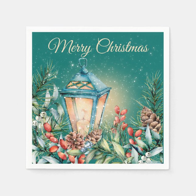 Snowy Night Christmas Lantern Paper Napkin Serviette (Vorderseite)
