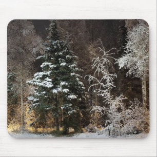 Snowy Night Forest Scene Mousepad