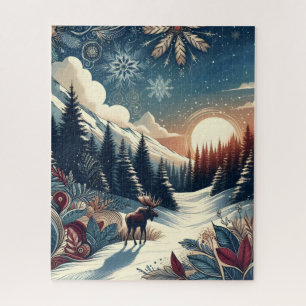 Snowy Night Moose Forest Mountains Boho Pattern