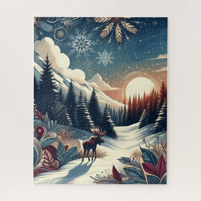 Snowy Night Moose Forest Mountains Boho Pattern (Vertikal)