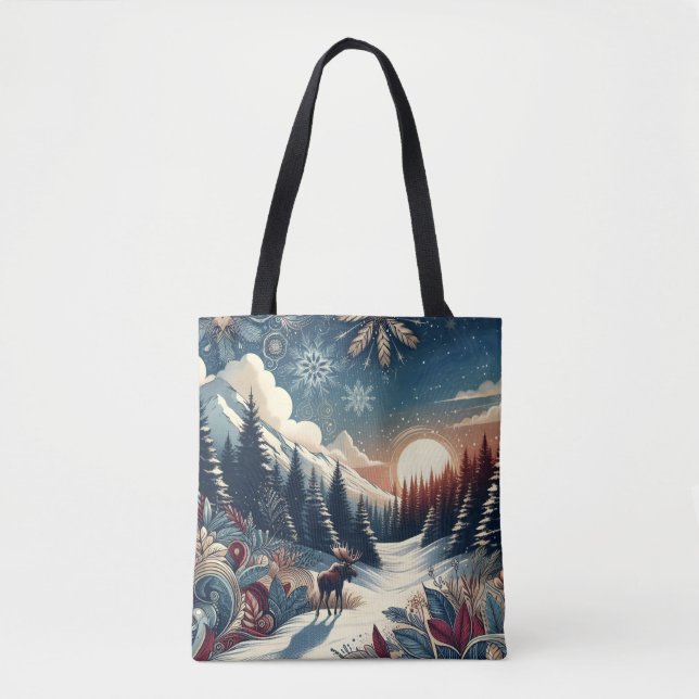 Snowy Night Moose Forest Mountains Boho Pattern Tasche (Vorderseite)