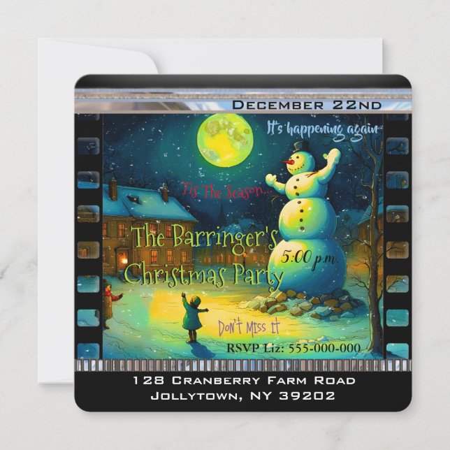 Snowy Night Snowman Memory Christmas Party Einladung (Vorderseite)