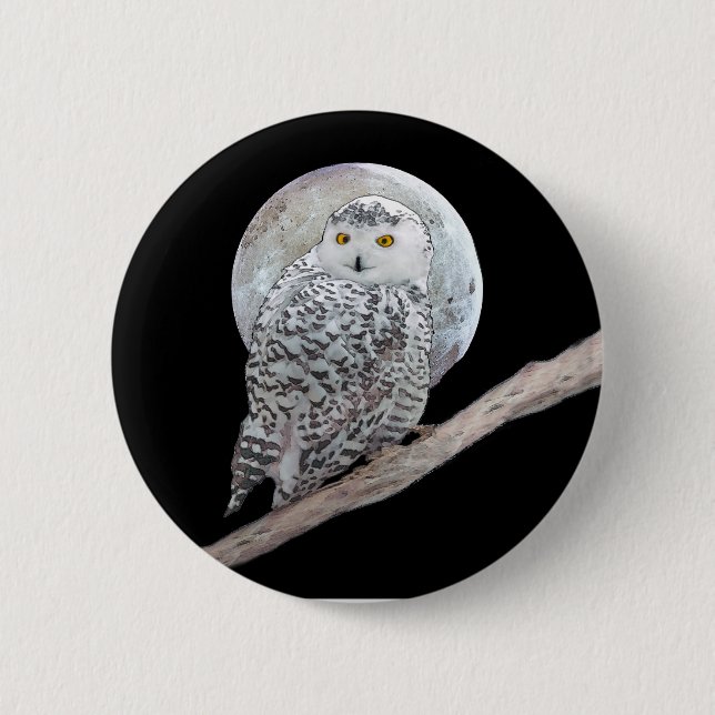 Snowy Owl and Moon Painting - Original Bird Art Button (Vorderseite)