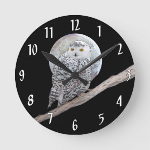 Snowy Owl and Moon Painting - Original Bird Art Runde Wanduhr