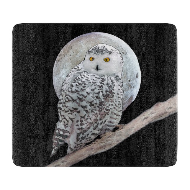 Snowy Owl and Moon Painting - Original Bird Art Schneidebrett (Vorderseite)