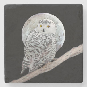 Snowy Owl and Moon Painting - Original Bird Art Steinuntersetzer