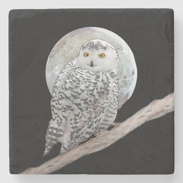 Snowy Owl and Moon Painting - Original Bird Art Steinuntersetzer (Vorderseite)