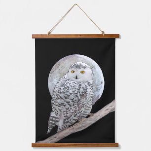 Snowy Owl and Moon Painting - Original Bird Art Wandteppich Mit Holzrahmen