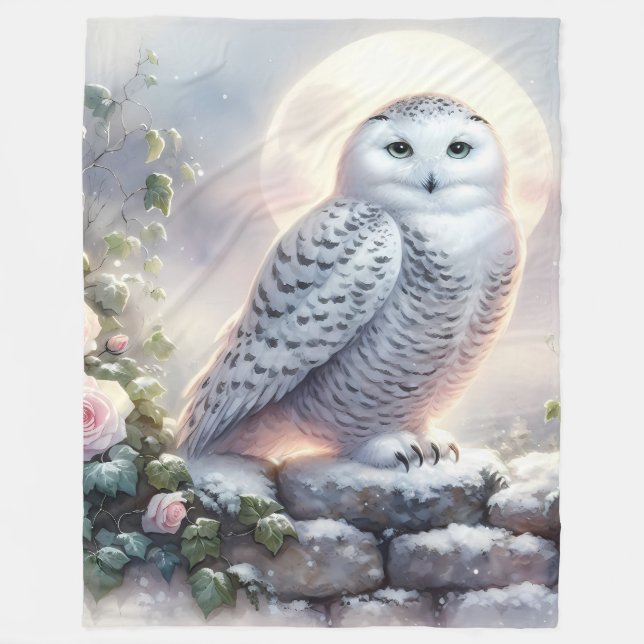 Snowy Owl in Moonlit Winter Garden Fleecedecke (Vorderseite)