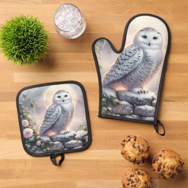 Snowy Owl in Moonlit Winter Garden Ofenhandschuh & Topflappen-Set (Oben Unten)