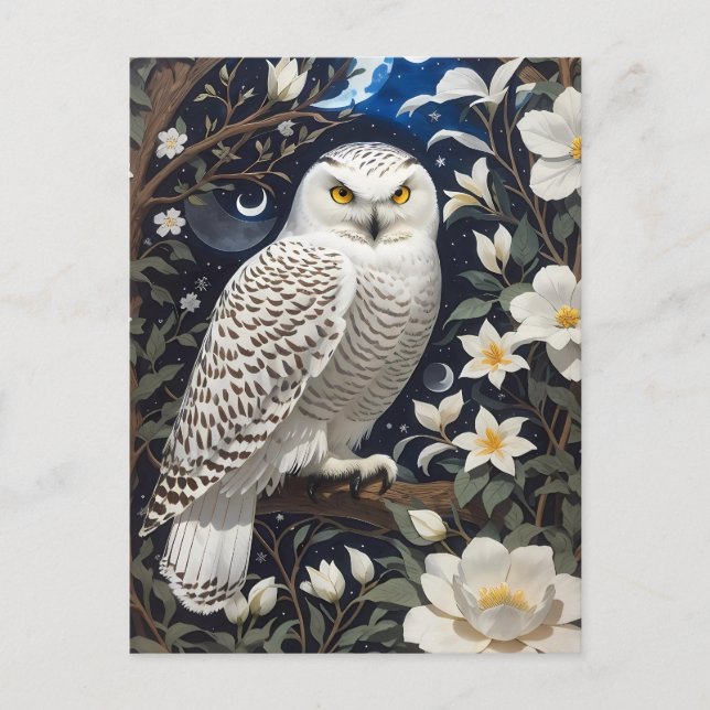 Snowy Owl Moonlight Moonblumen Postkarte (Vorderseite)