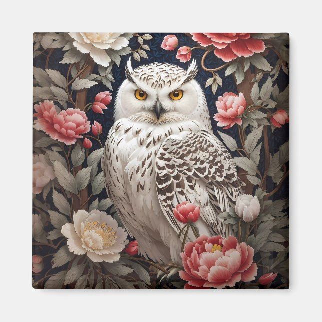 Snowy Owl Pink Peony Blume Magnet (Vorne)