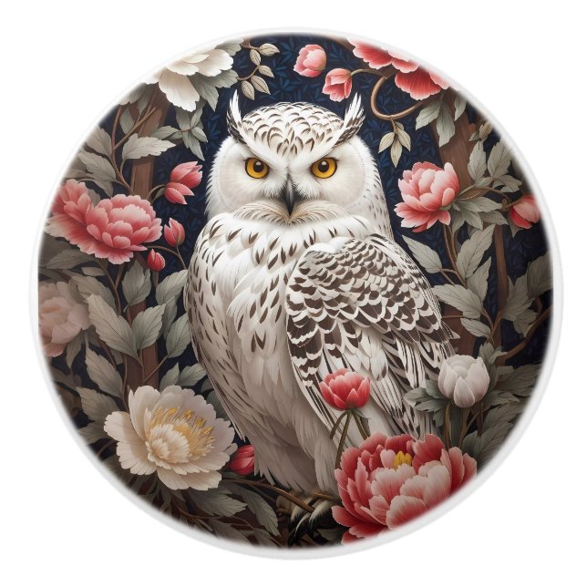 Snowy Owl Pink Peony Flowers Keramikknauf (Vorderseite)