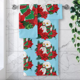 Snowy Owl Red Poinsettias Weihnachten Badhandtuch Set