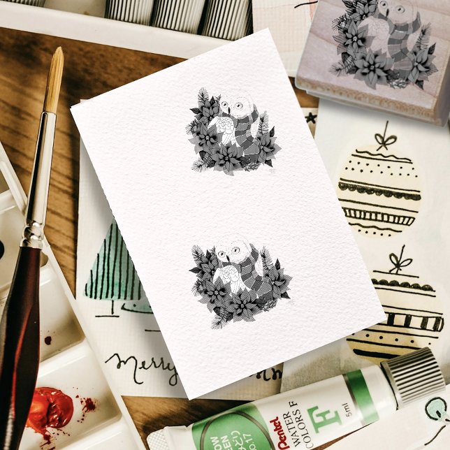 Snowy Owl Red Poinsettias Weihnachten Gummistempel (Von Creator hochgeladen)