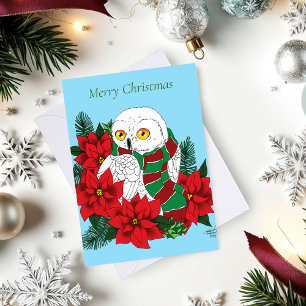 Snowy Owl Red Poinsettias Weihnachten Karte