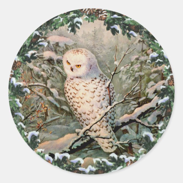 SNOWY OWL & WREATH VON SHARON SHARPE RUNDER AUFKLEBER (Vorderseite)