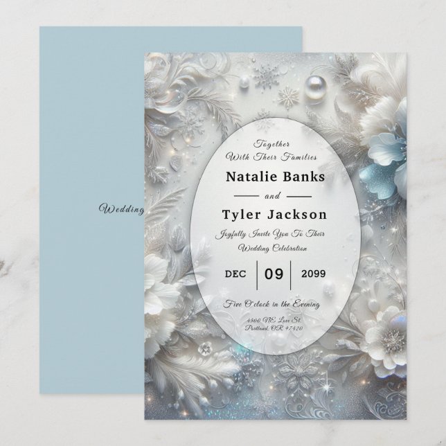 Snowy Petals in Frozen Bloom Wedding Einladung (Vorne/Hinten)