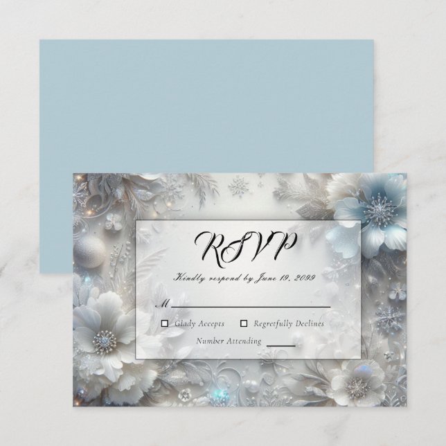 Snowy Petals in Frozen Bloom Wedding RSVP Karte (Vorne/Hinten)