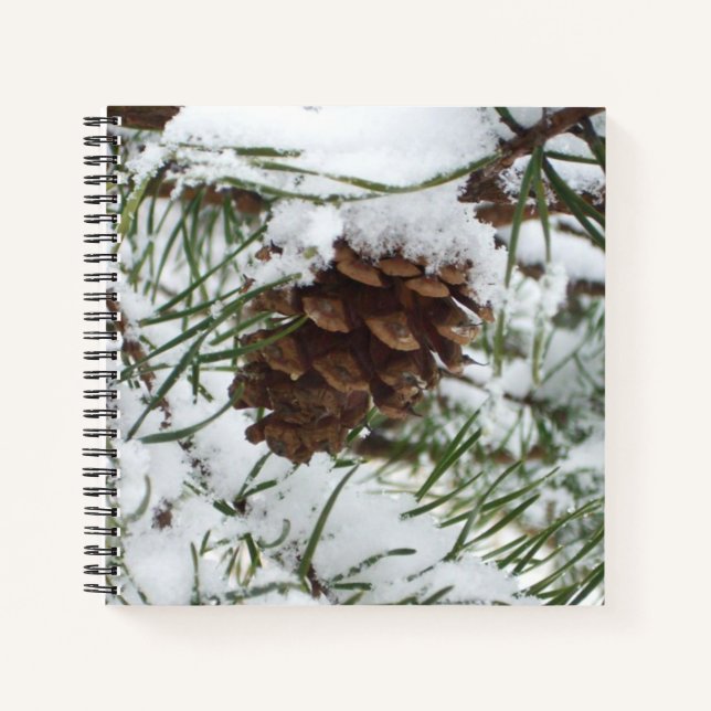 Snowy Pine Cone I Winter Nature Fotografy Notizbuch (Vorderseite)