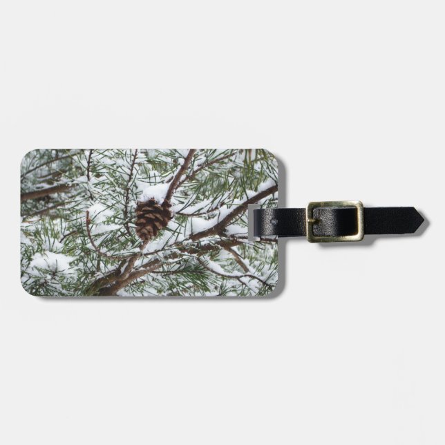 Snowy Pine Cone II Winterlandfotografie Gepäckanhänger (Vorderseite horizontal)