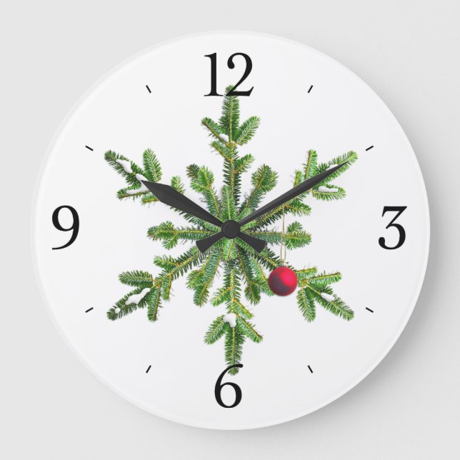 Snowy Pine Snowflake Weihnachten Große Wanduhr (Vorderseite)
