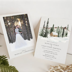 Snowy Pine Tree Rustikale Winterhochzeit Einladung