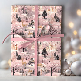 Snowy Pink Deer Forest Geschenkpapier