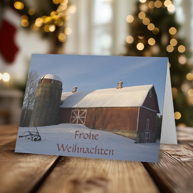 Snowy Red Barn Frohe Weihnachten German Christmas (Von Creator hochgeladen)