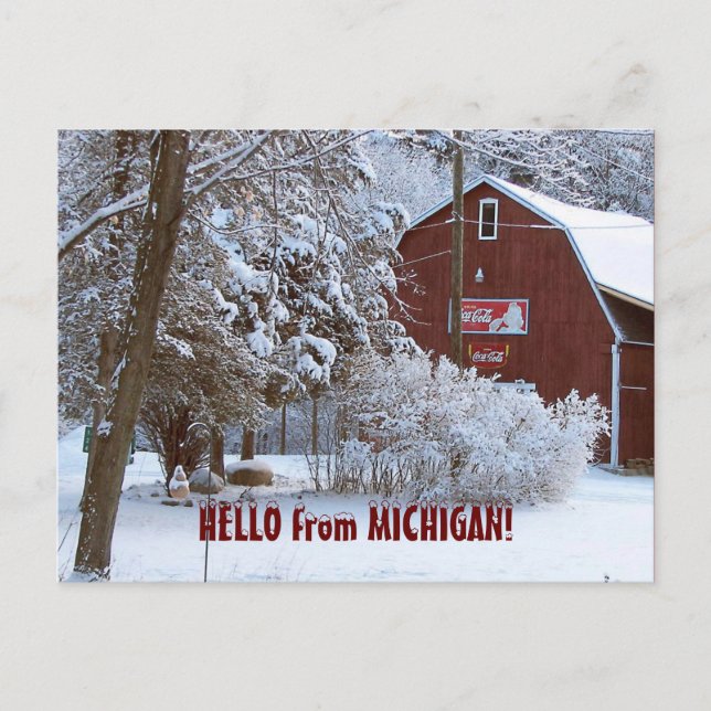 SNOWY RED BARN, HELLO FROM MICHIGAN! POSTKARTE (Vorderseite)