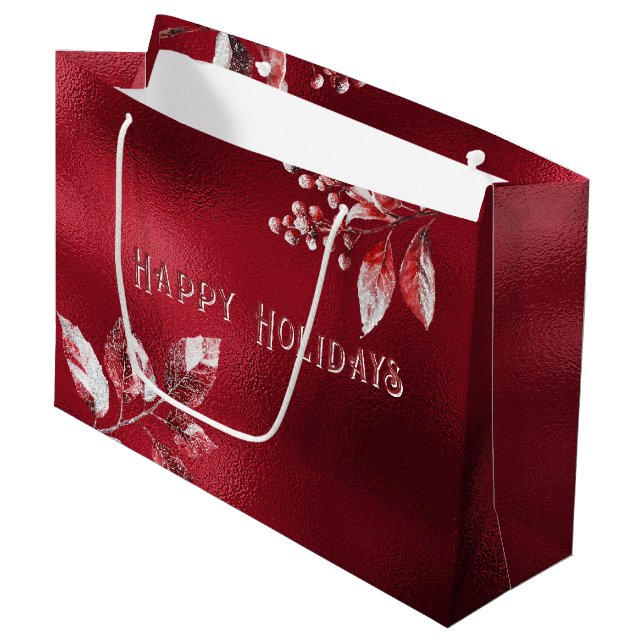 Snowy Red Blätter Weihnachtsfeiertag Geschenktasch Große Geschenktüte (Vorderseite Schrägansicht)