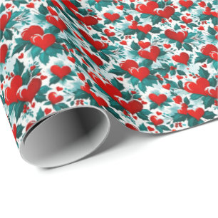 Snowy Red Christmas Heards und Holly Geschenkpapier