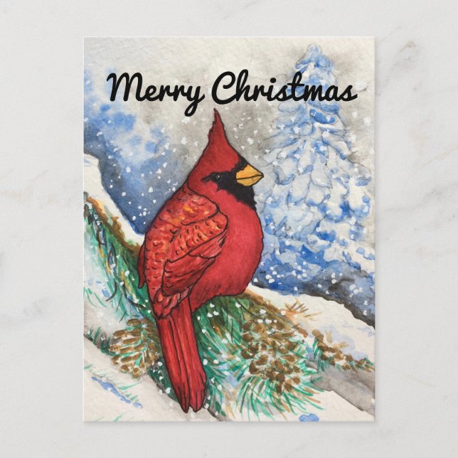 Snowy Red Kardinal Frohe Weihnachten Postkarte (Vorderseite)