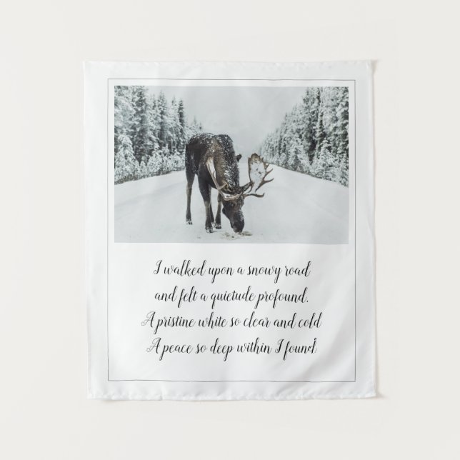Snowy Road mit Elche Wintergedicht Wandteppich (Vorderseite)