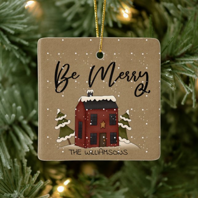 Snowy Saltbox House Primitive Country Add Name Keramikornament (Baum)