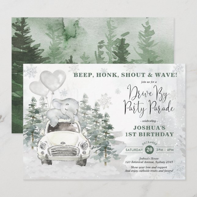 Snowy Silver Winter Elephant Drive by Birthday Einladung (Vorne/Hinten)