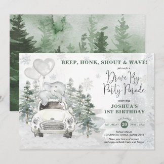 Snowy Silver Winter Elephant Drive by Birthday Einladung