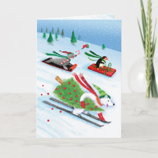Snowy-Skifahren-Eisbär-Sledding Pinguin-Seelöwe Feiertagskarte