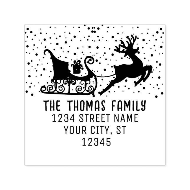 Snowy Sleigh & Reindeer Weihnachtsname Anschrift Permastempel (Design)