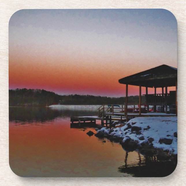 Snowy-Sonnenuntergang am See-Pfeilspitzendock Getränkeuntersetzer (Vorderseite)